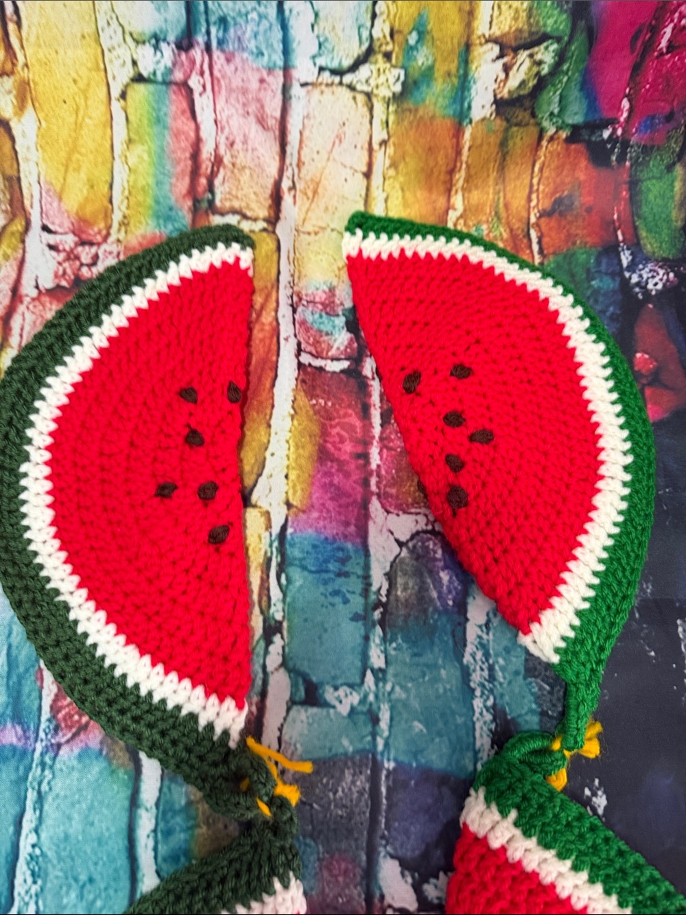 Handmade Crochet Watermelon pot holder or wall art- Red & Green - Picture 2 of 5